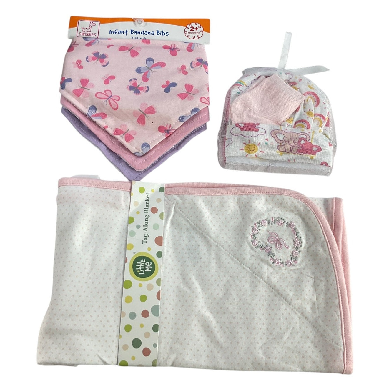 Set de manta, baberos y gorritos de bebe