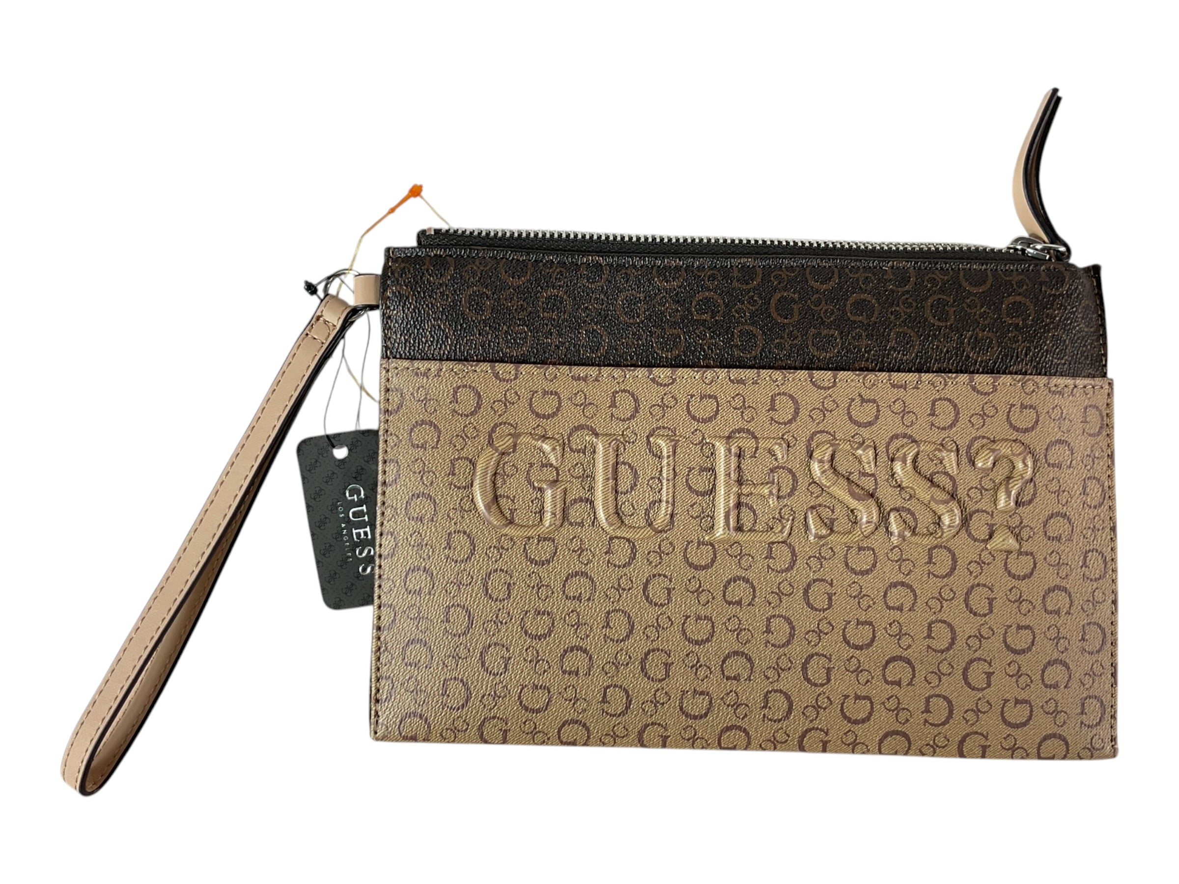 Clutch GUESS - vista trasera café oscuro con monograma