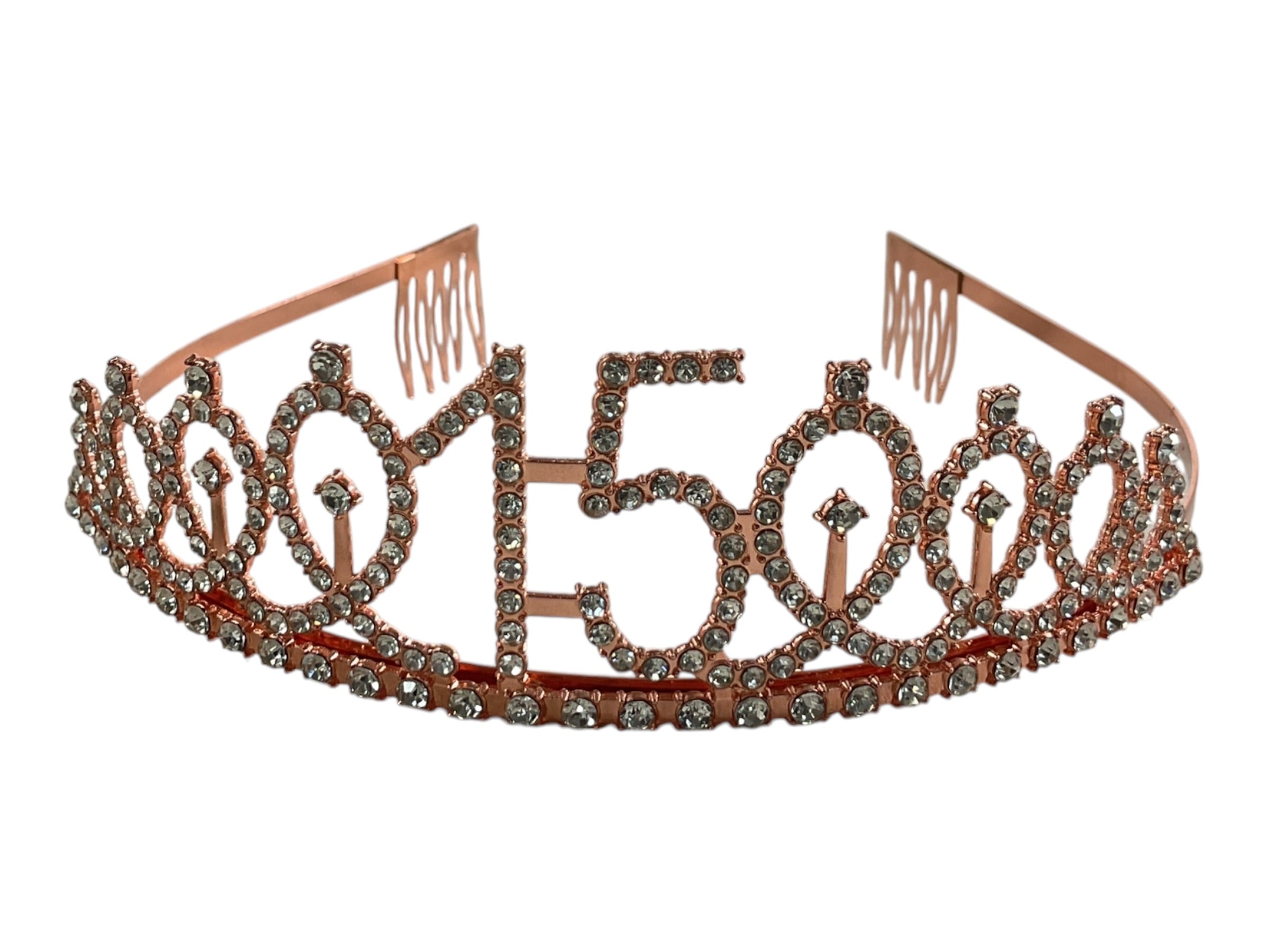 Tiara quinceañera rose gold con pedrería - vista frontal