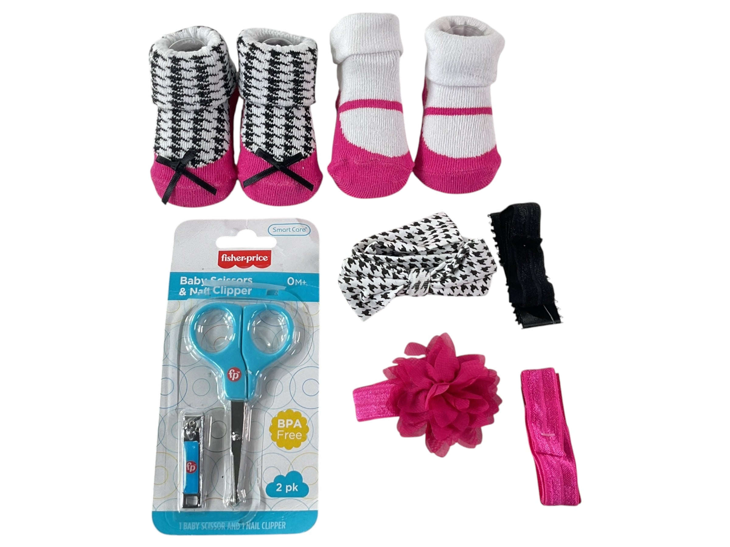 Set de accesorios para bebé con tijeras, cortaúñas, calcetines y accesorios para el cabello