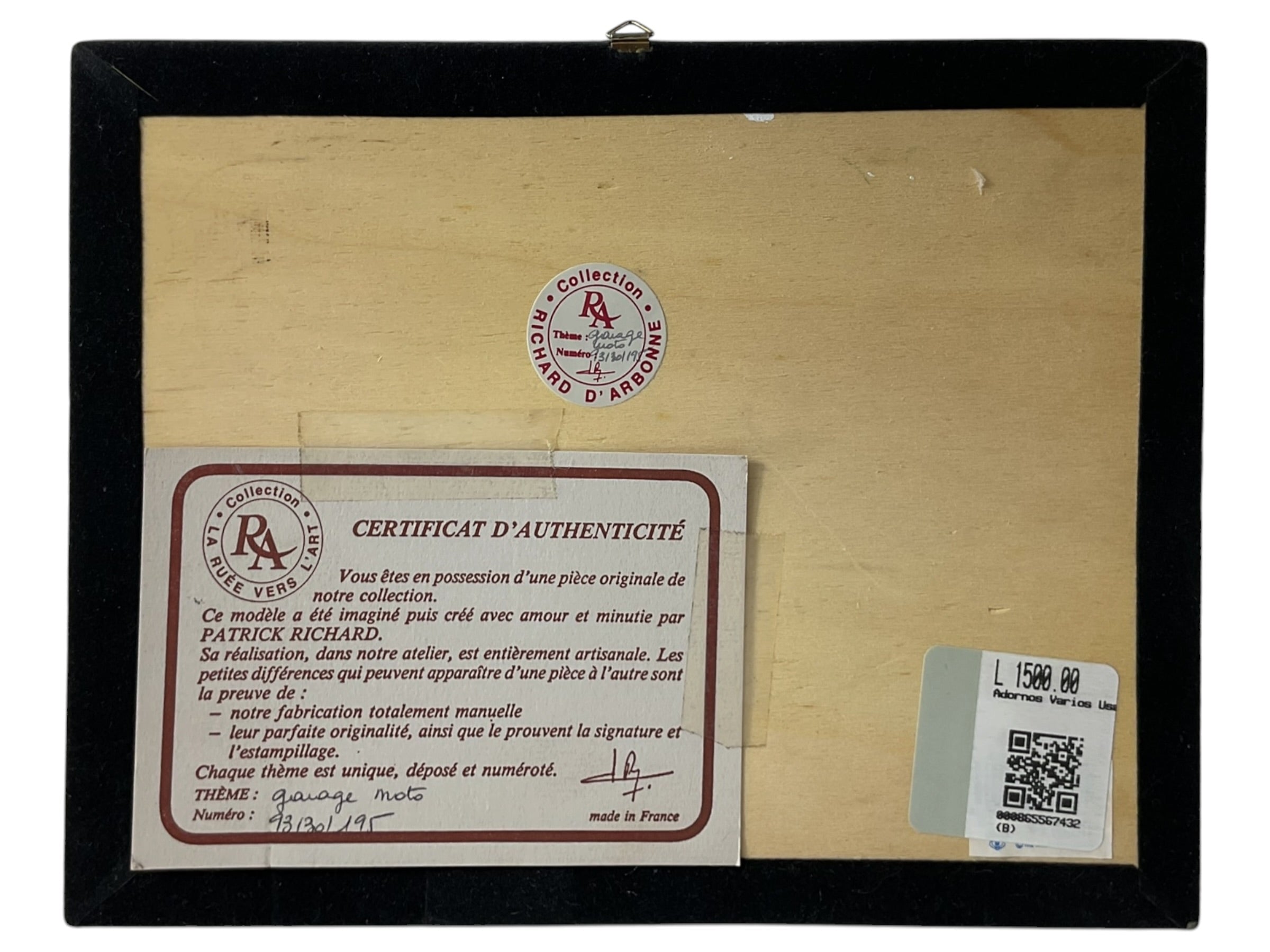 Certificado de autenticidad y etiqueta del cuadro decorativo Garage Moto