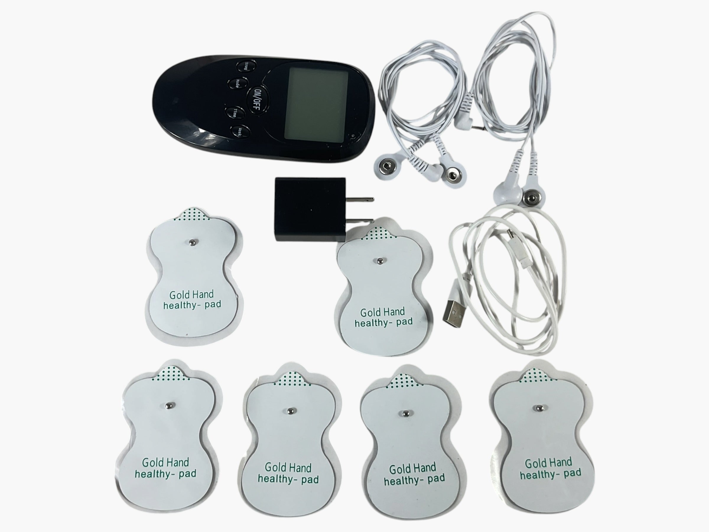 Estimulador TENS y EMS GOLD HAND con controlador, almohadillas y accesorios