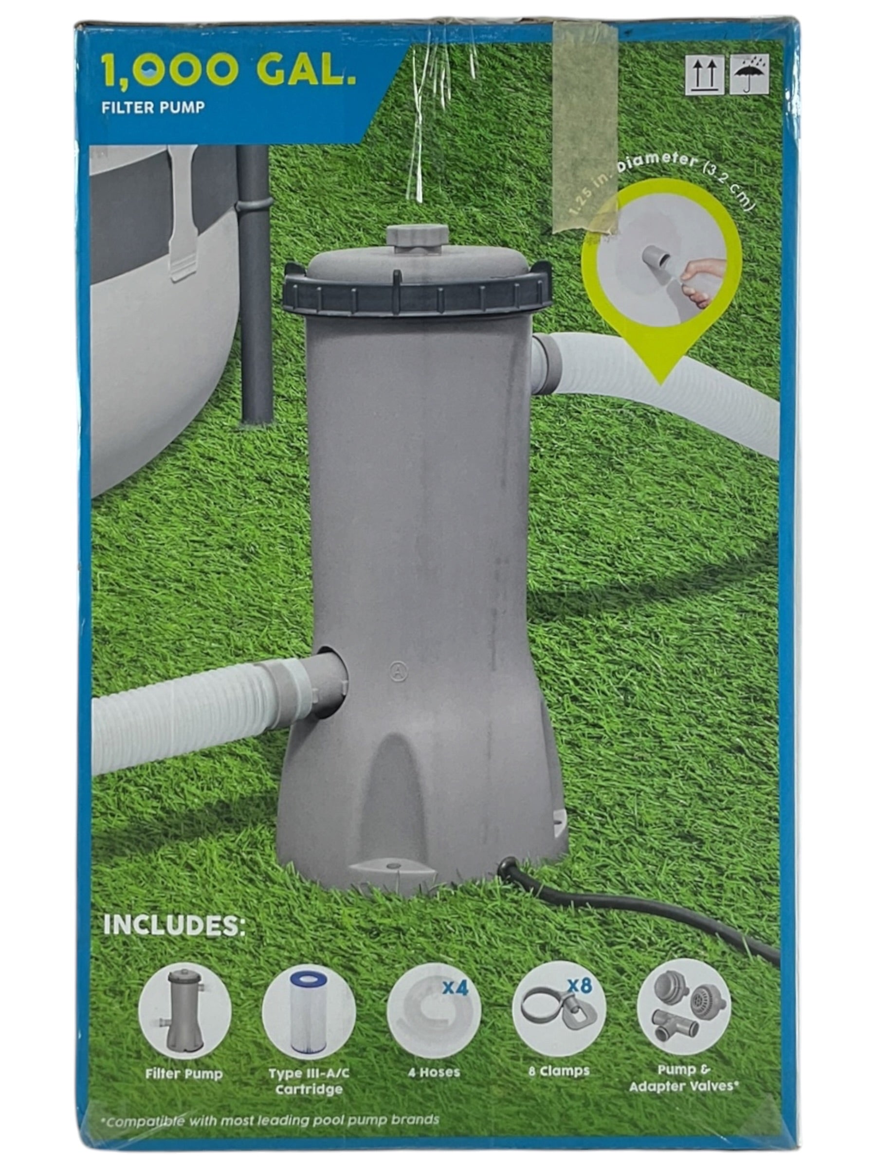 Bomba Filtrante Bestway 1000 Gal - Caja frontal azul con contenido