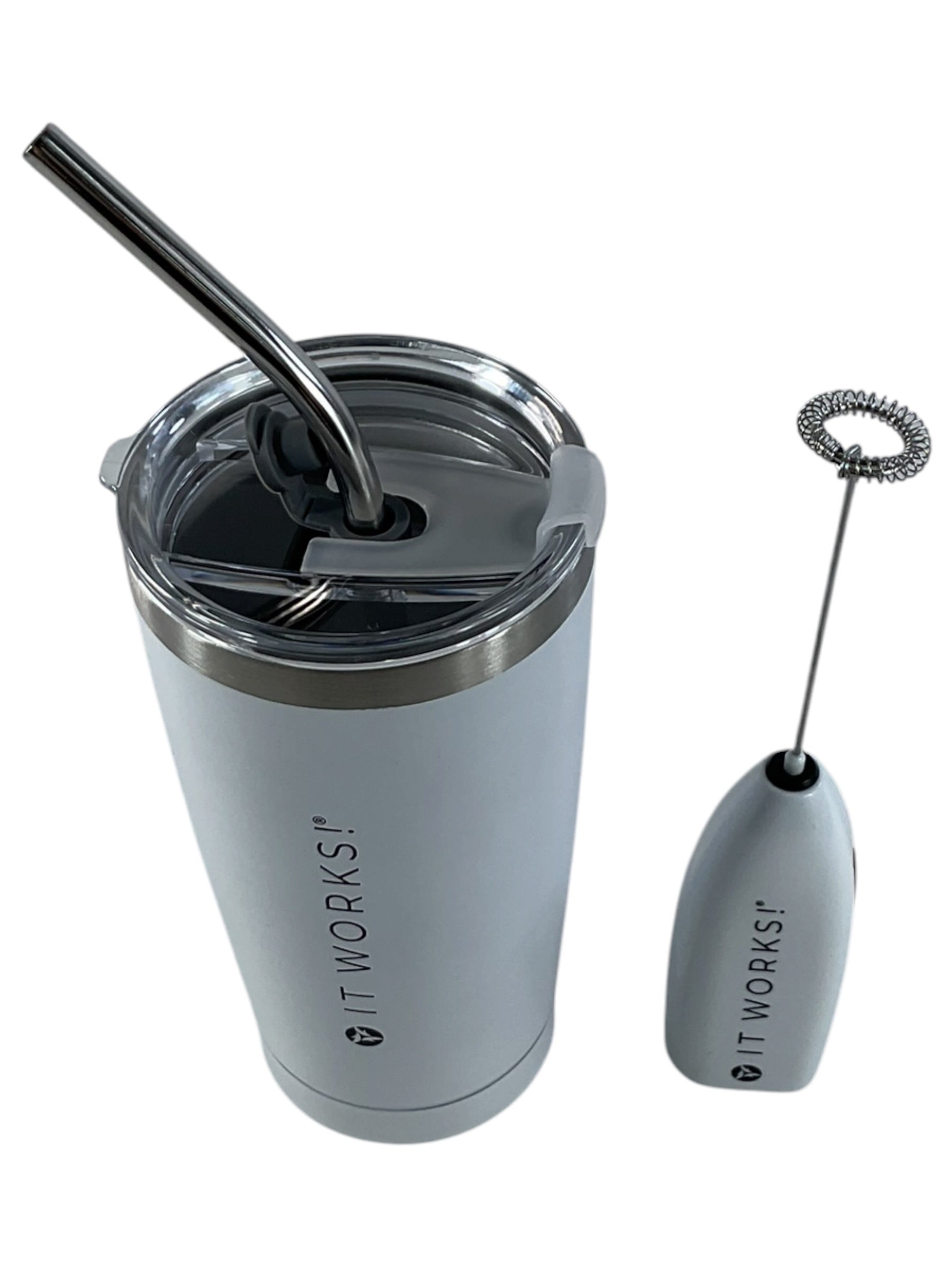 Kit It Works! - Vista superior tumbler con tapa y popote