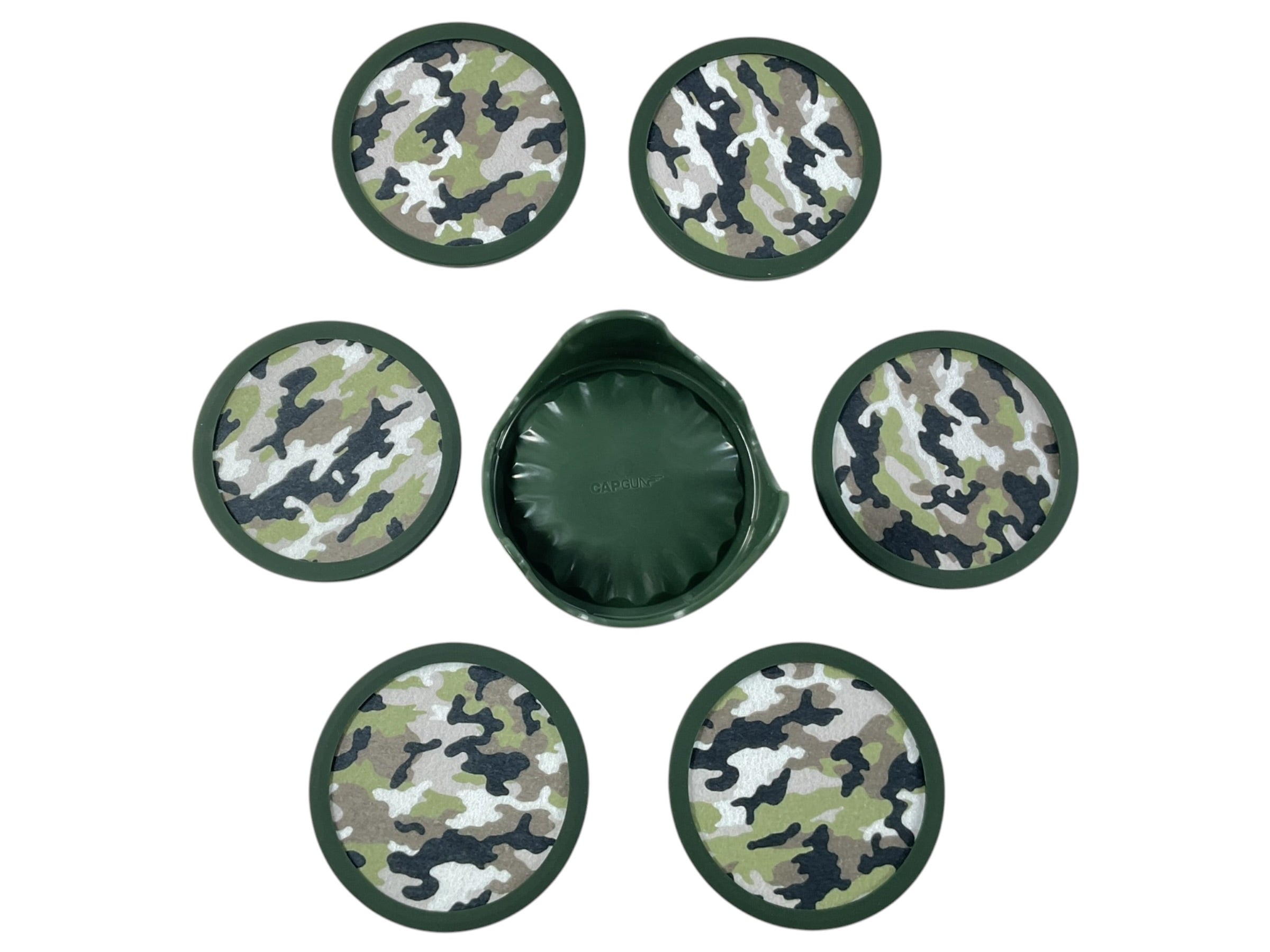 Set Posavasos CapGun - Vista superior cara camuflaje con soporte