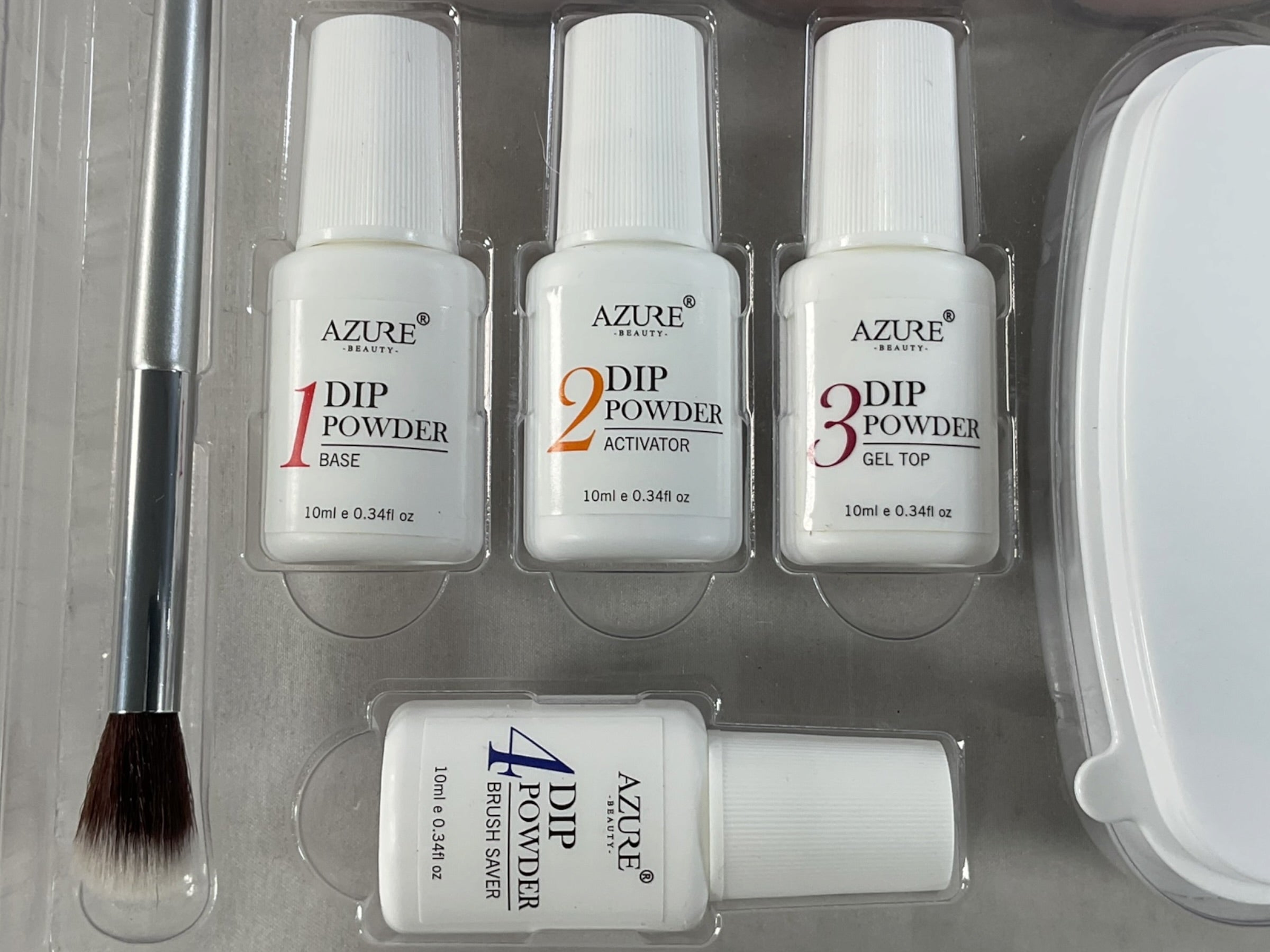 Kit Polvo Dip AzureBeauty - Detalle líquidos Base, Activador, Gel Top y Brush Saver