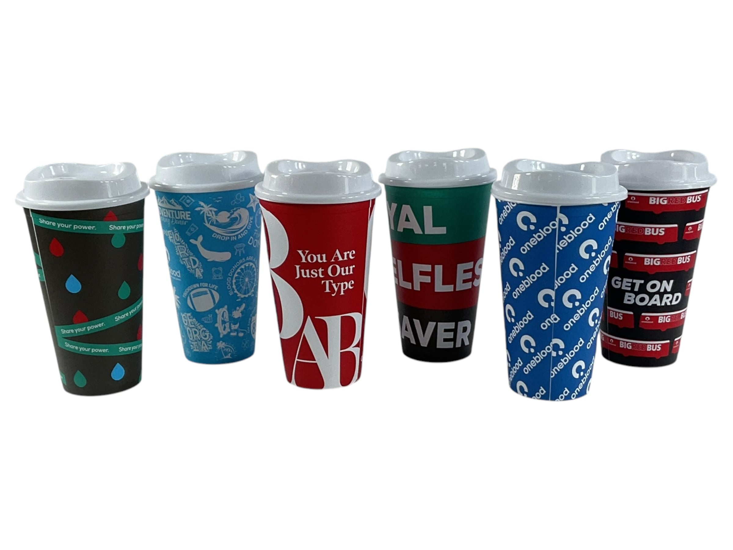 Set de Vasos Reutilizables OneBlood - Vista frontal 6 vasos con tapas