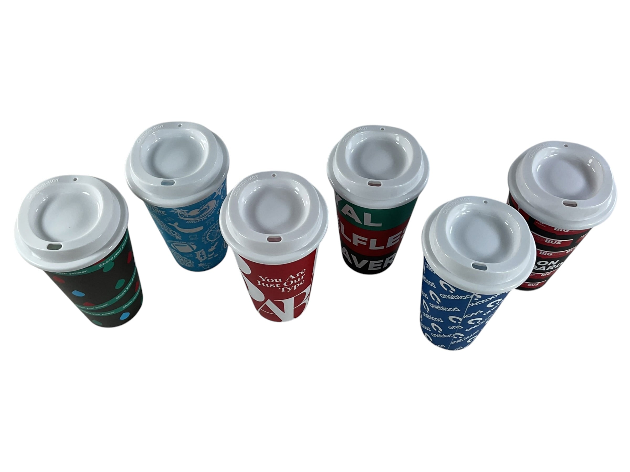 Set de Vasos Reutilizables OneBlood - Vista lateral 6 vasos con tapas