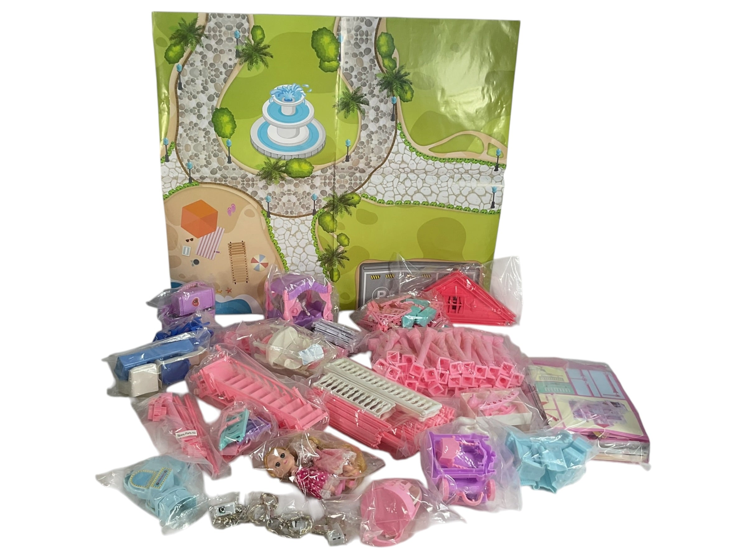 Contenido del set de casa de muñecas con todas las piezas y mat de juego