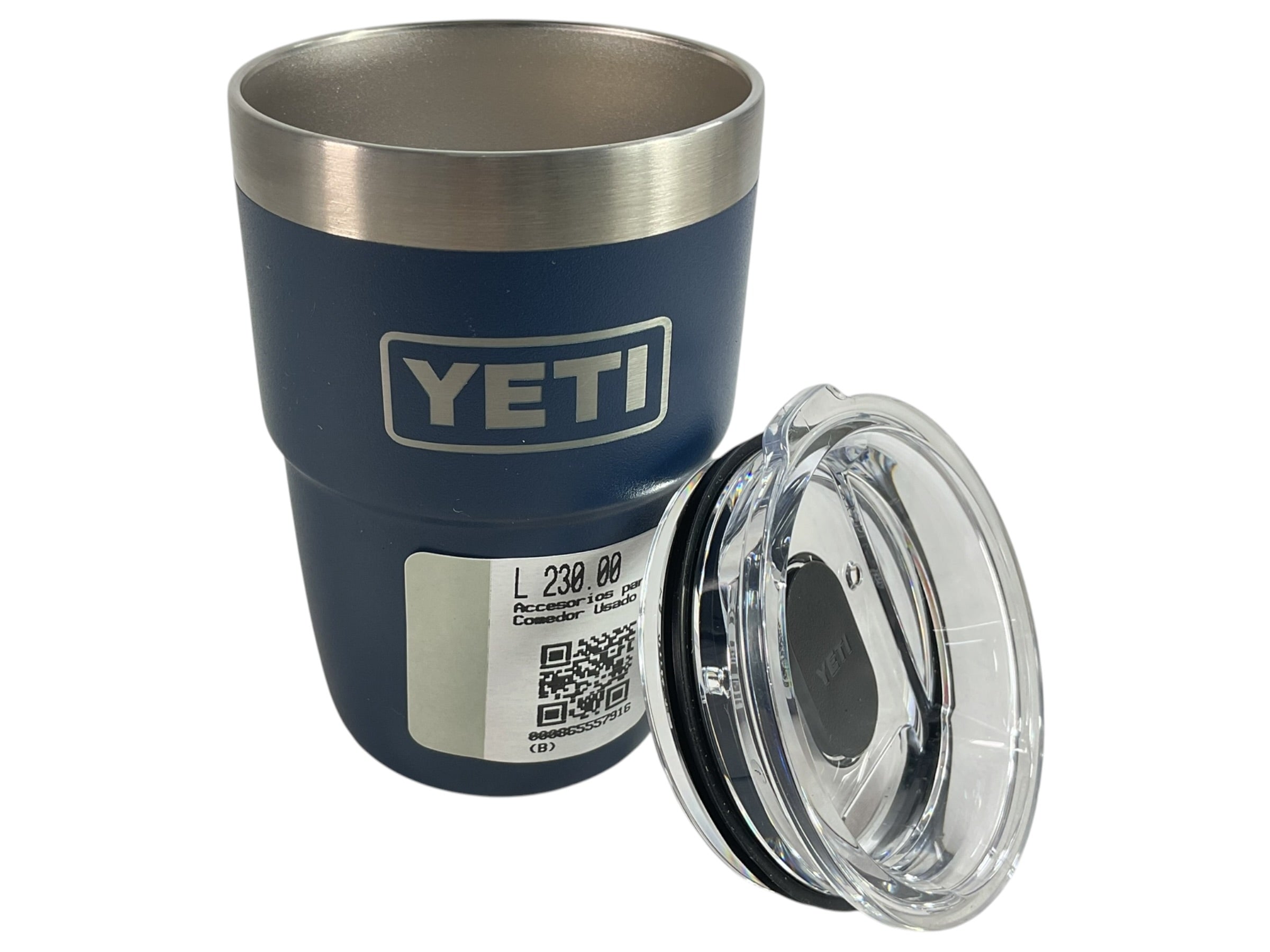 Vaso YETI Rambler azul navy con tapa puesta vista frontal