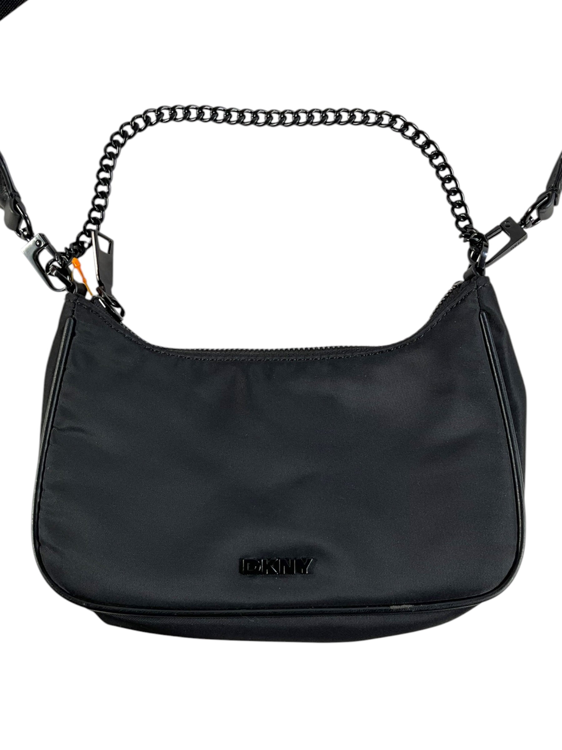 Bolsa hobo DKNY negra - Vista frontal con cadena y logo