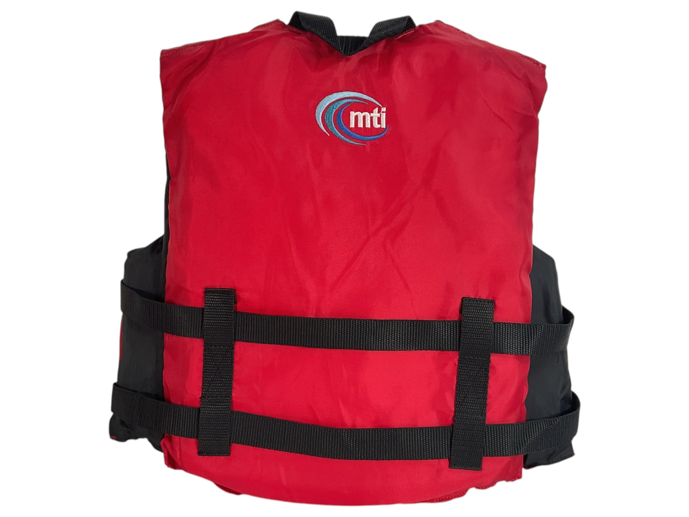 Chaleco salvavidas juvenil MTI rojo y negro con etiqueta y correas ajustables