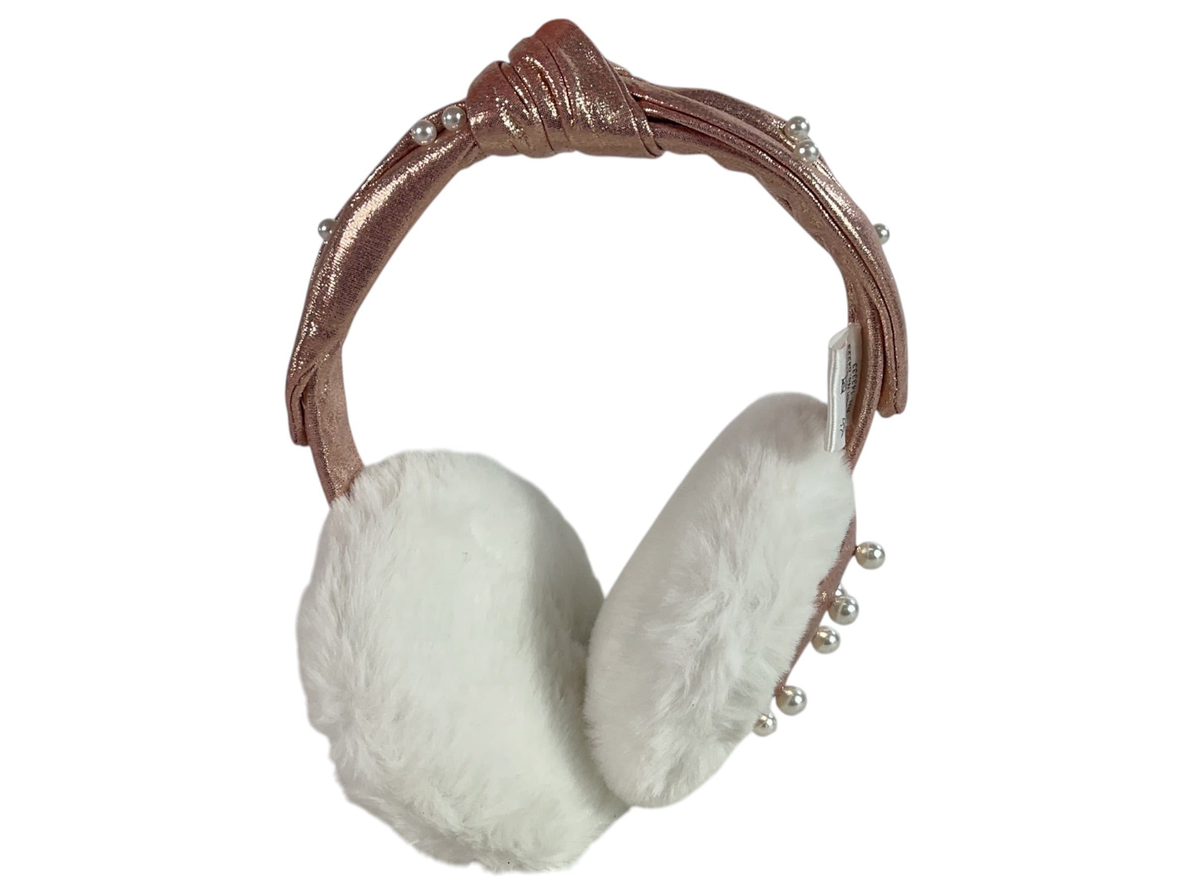Orejeras para dama con diadema rosa, peluche blanco y detalles de perlas