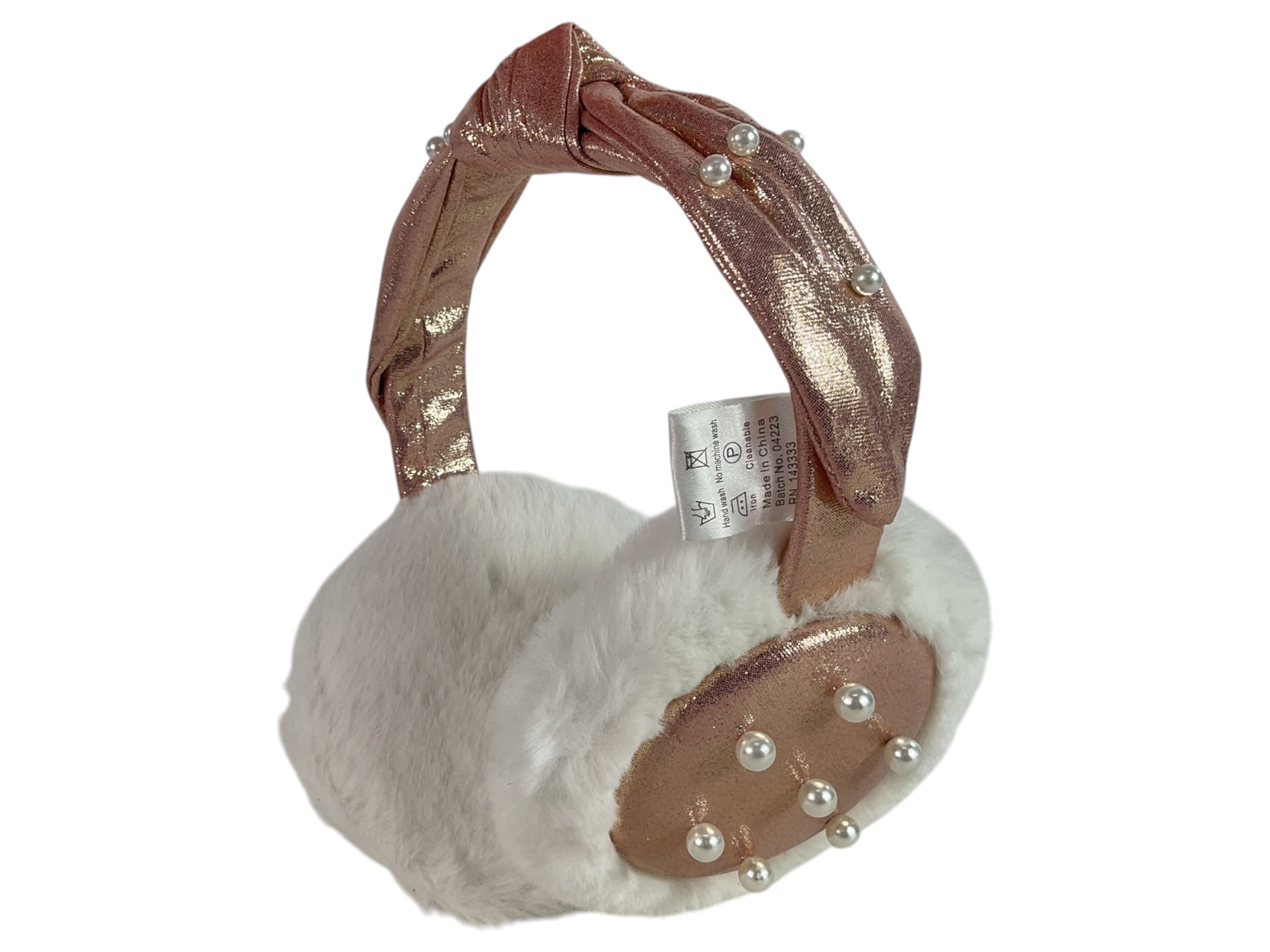 Vista posterior de orejeras para dama con diadema rosa y peluche blanco
