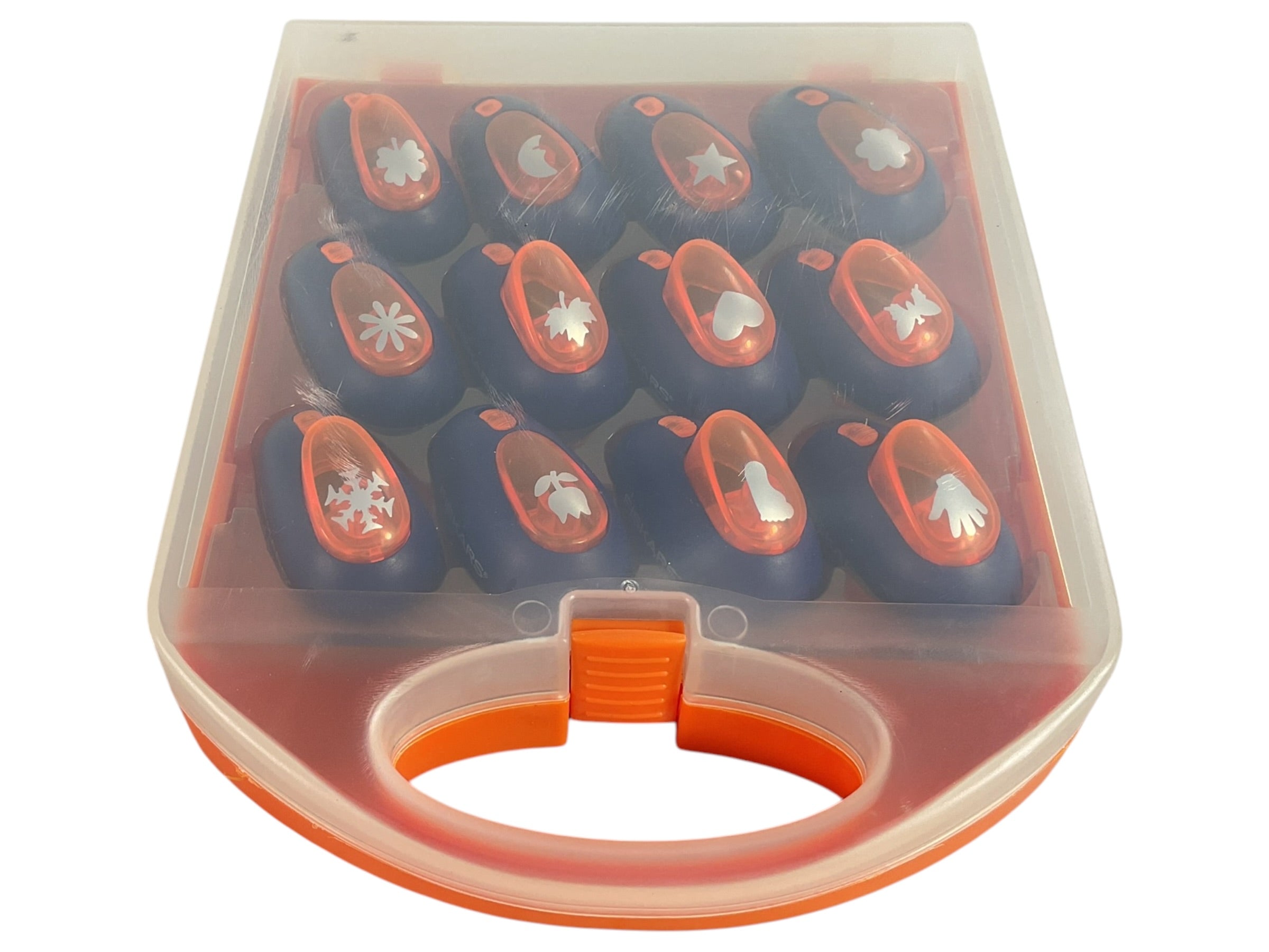Perforadoras decorativas FISKARS azules y naranjas con diseños variados