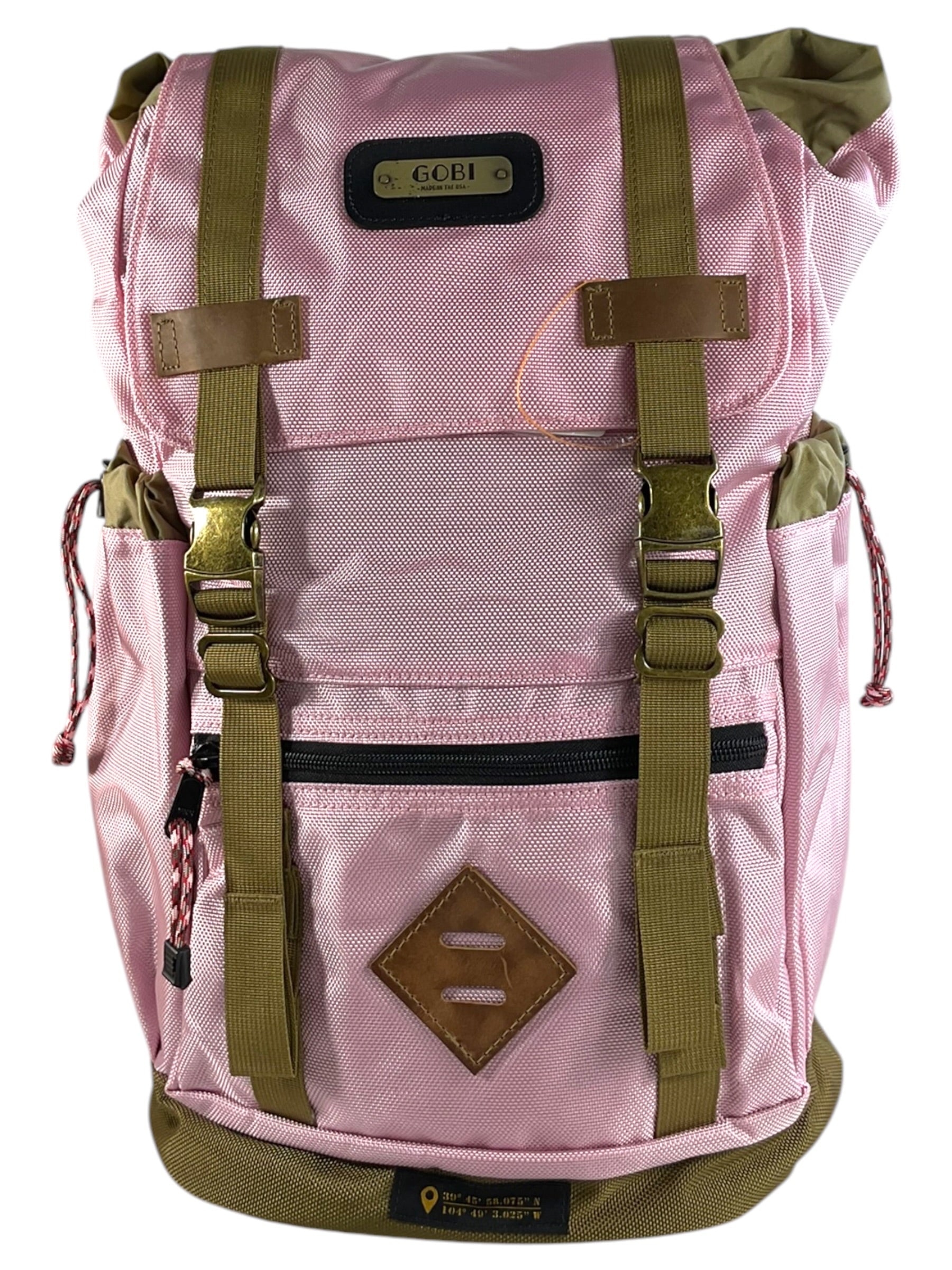 Mochila GOBI rosada con detalles verde olivo, vista lateral