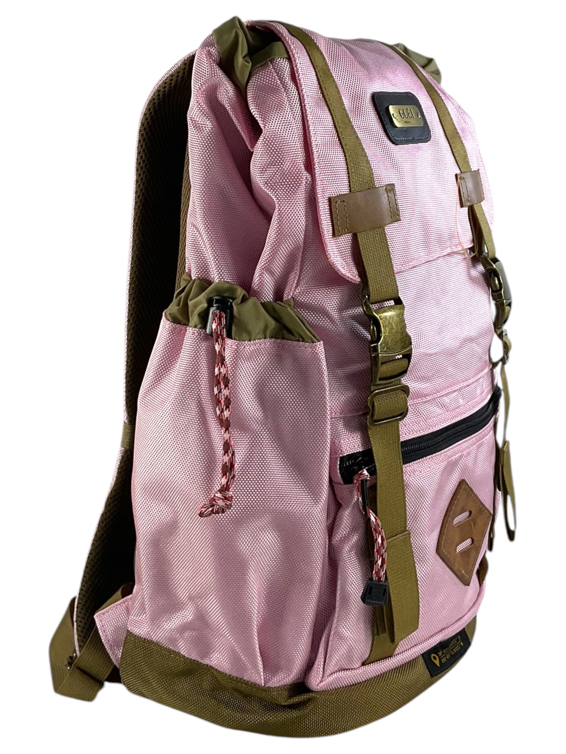 Mochila GOBI rosada con detalles verde olivo, vista posterior
