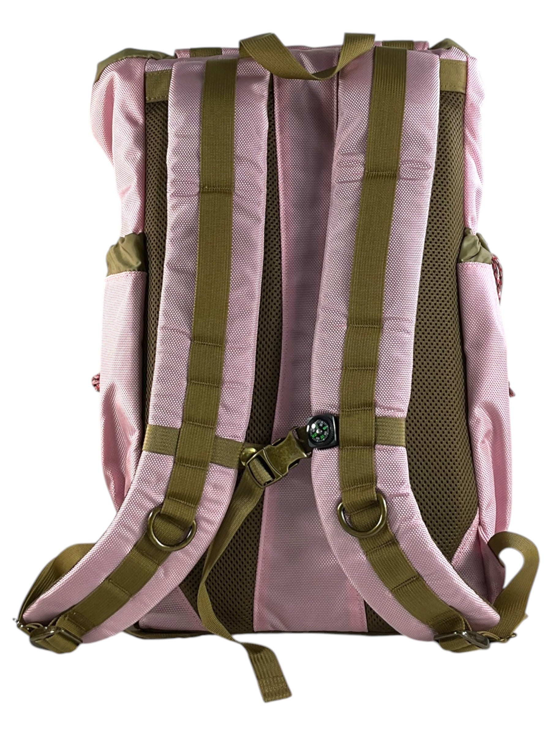 Mochila GOBI rosada con detalles verde olivo, vista frontal