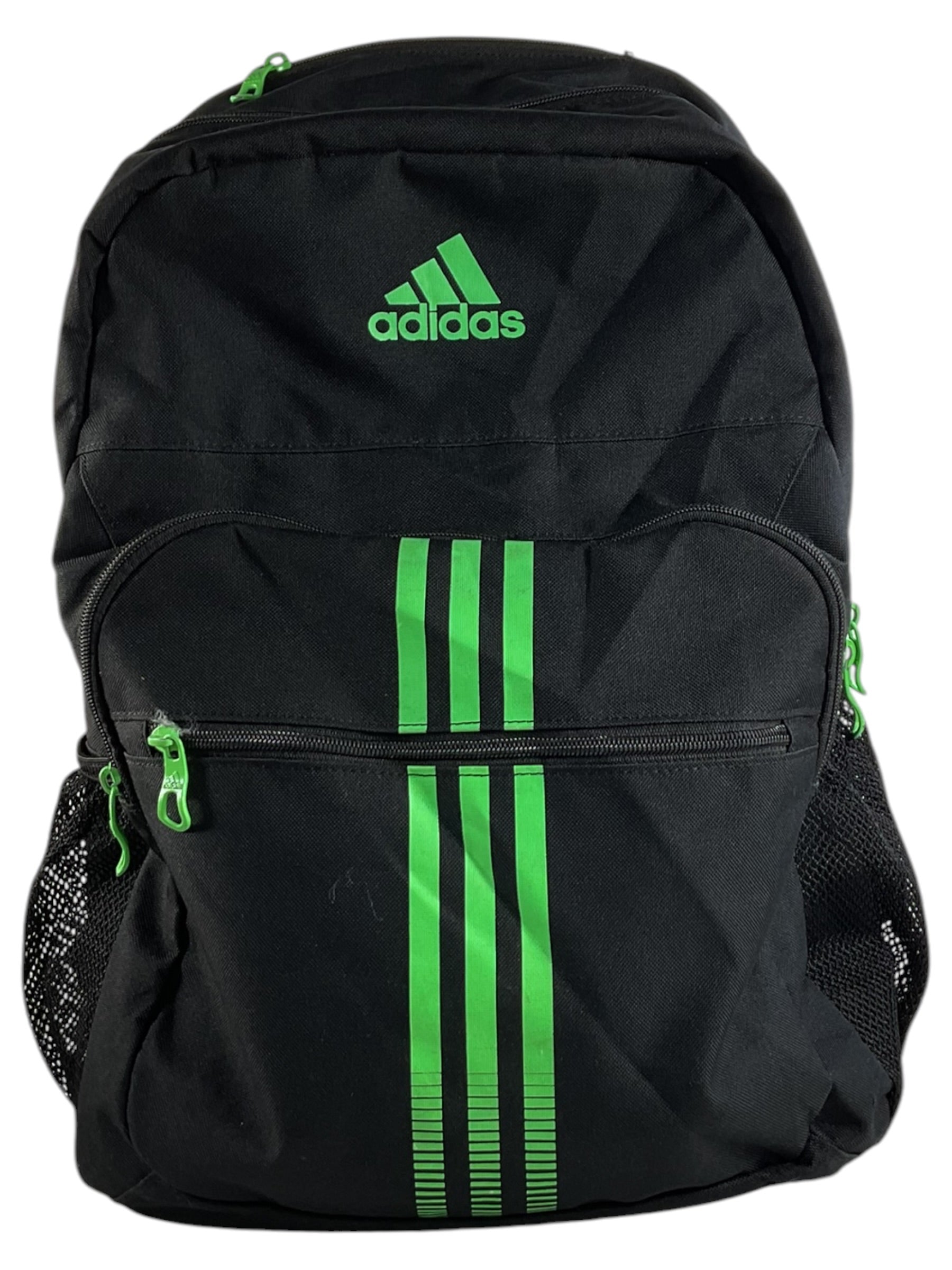 Mochila ADIDAS negra con detalles verdes, vista frontal
