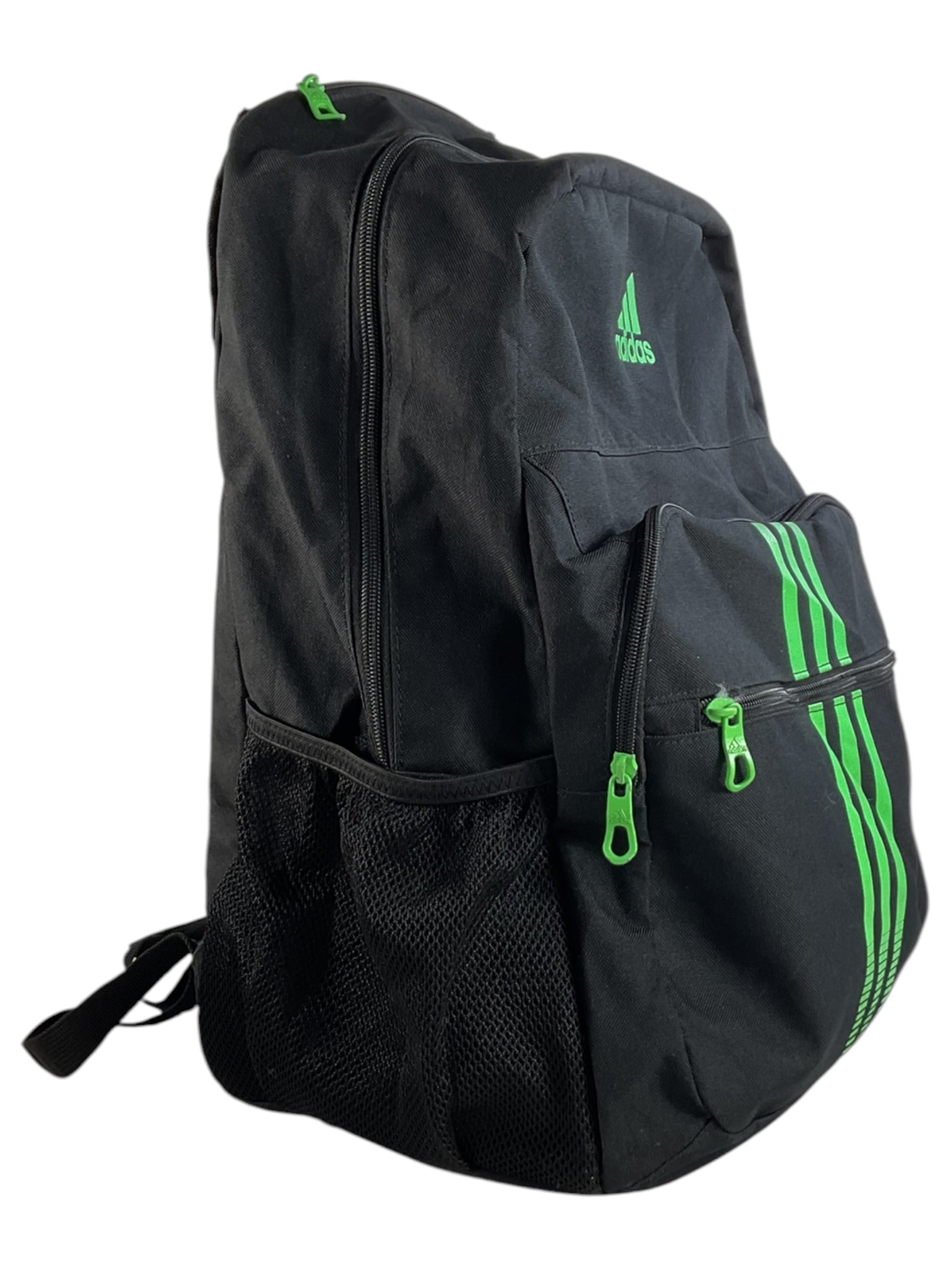 Mochila ADIDAS negra con detalles verdes, vista lateral