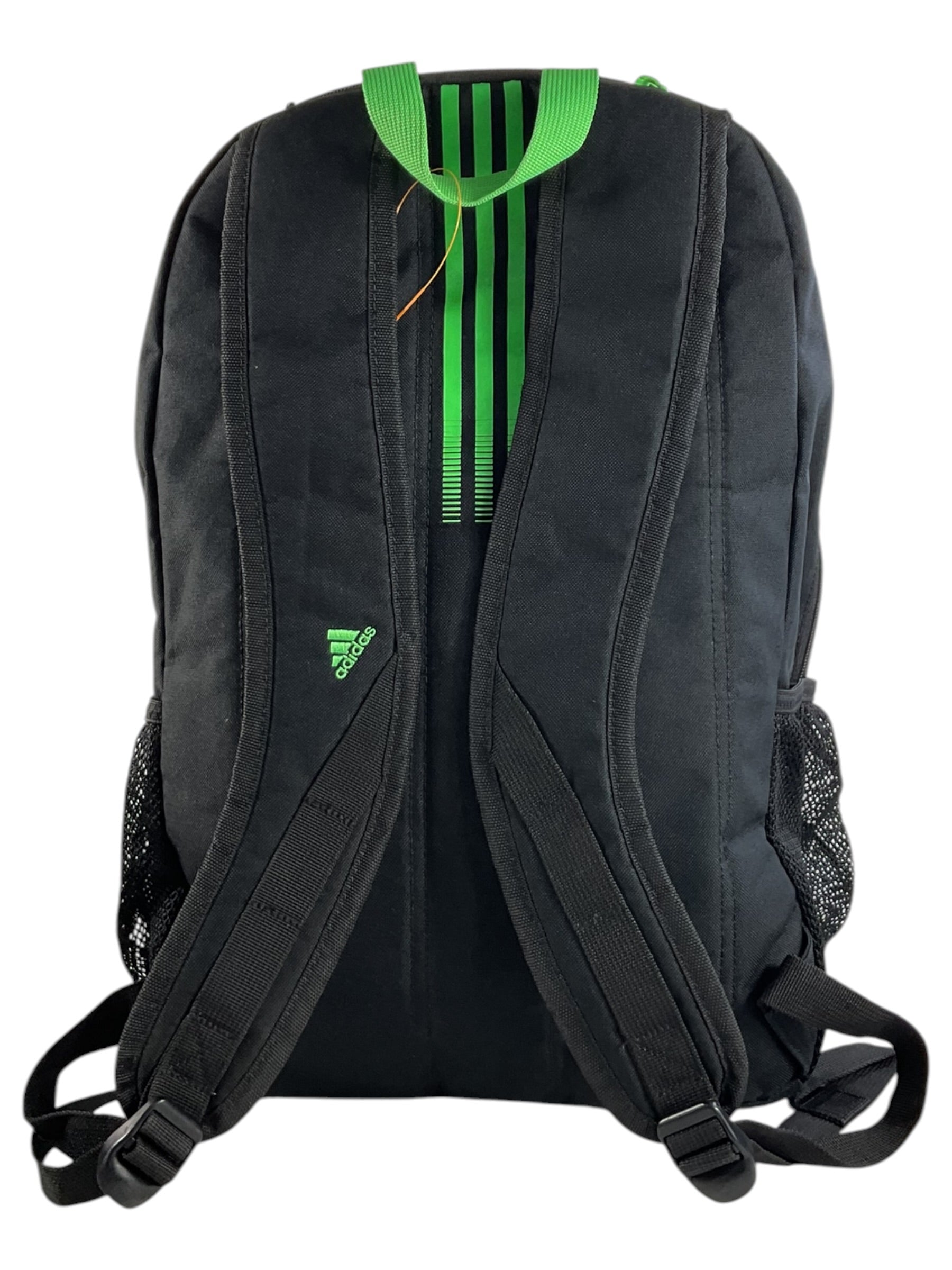 Mochila ADIDAS negra con detalles verdes, vista posterior