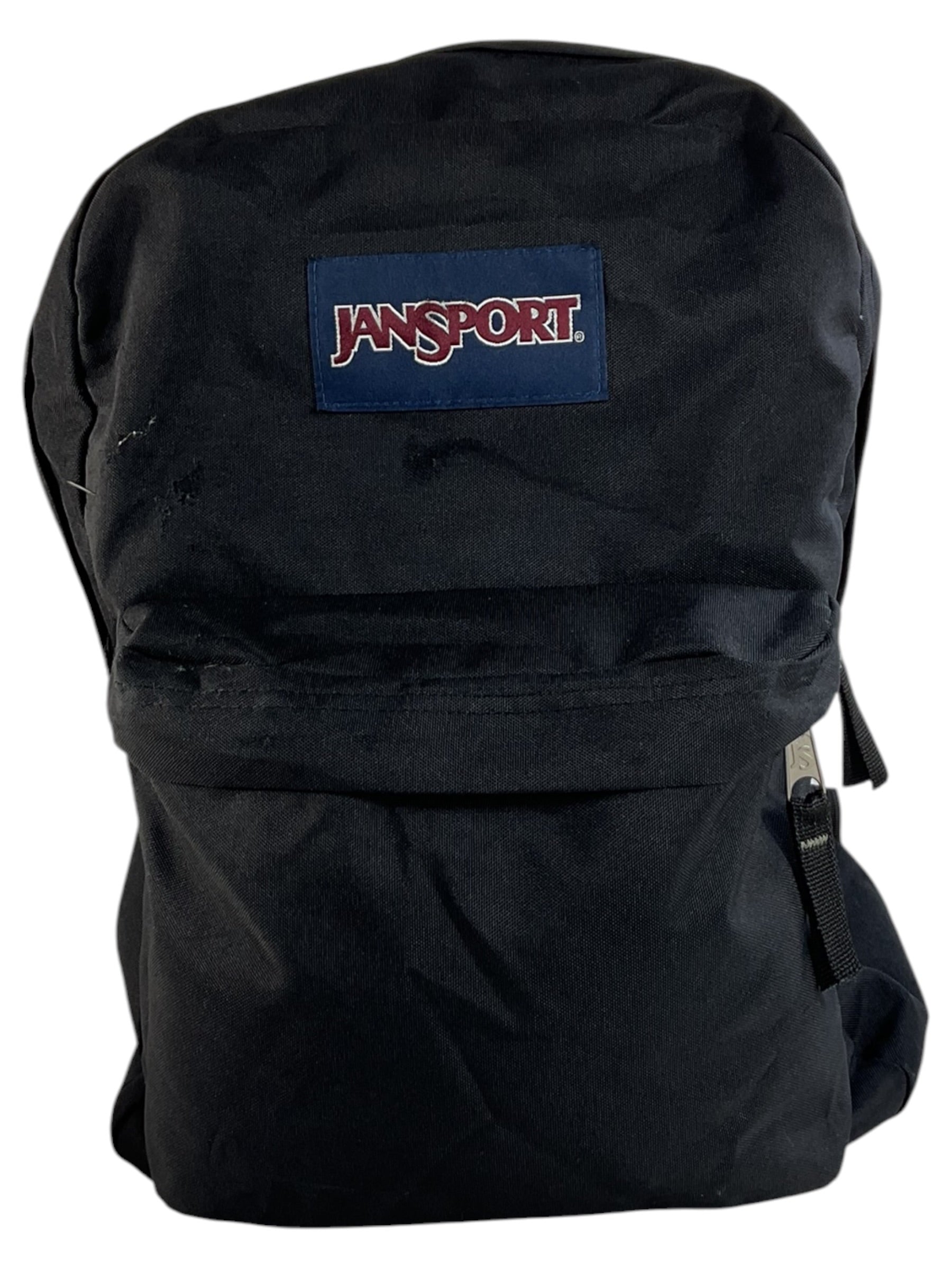 Mochila JANSPORT negra usada, vista frontal