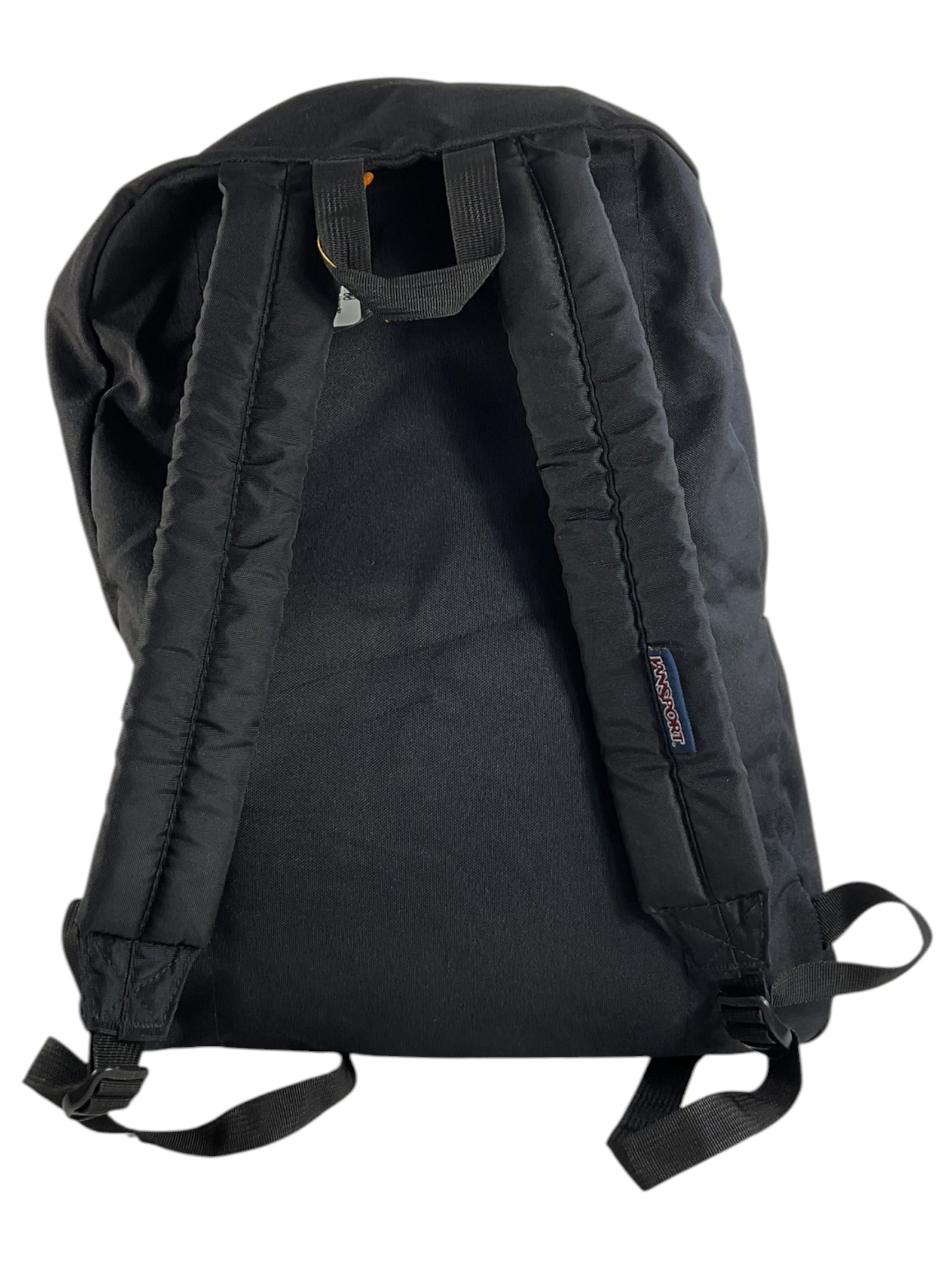 Mochila JANSPORT negra usada, vista de las correas