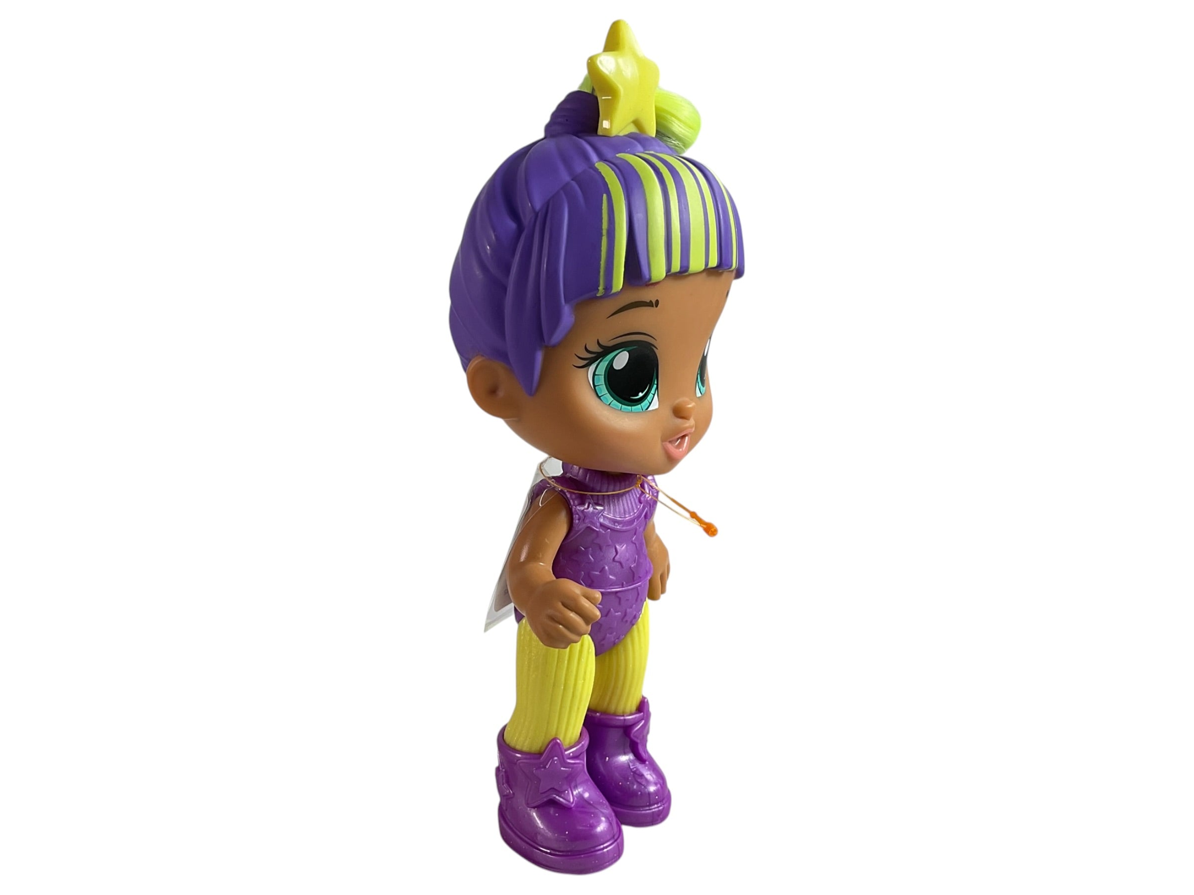 Muñeca Baby Alive usada, vista posterior con cabello morado y verde
