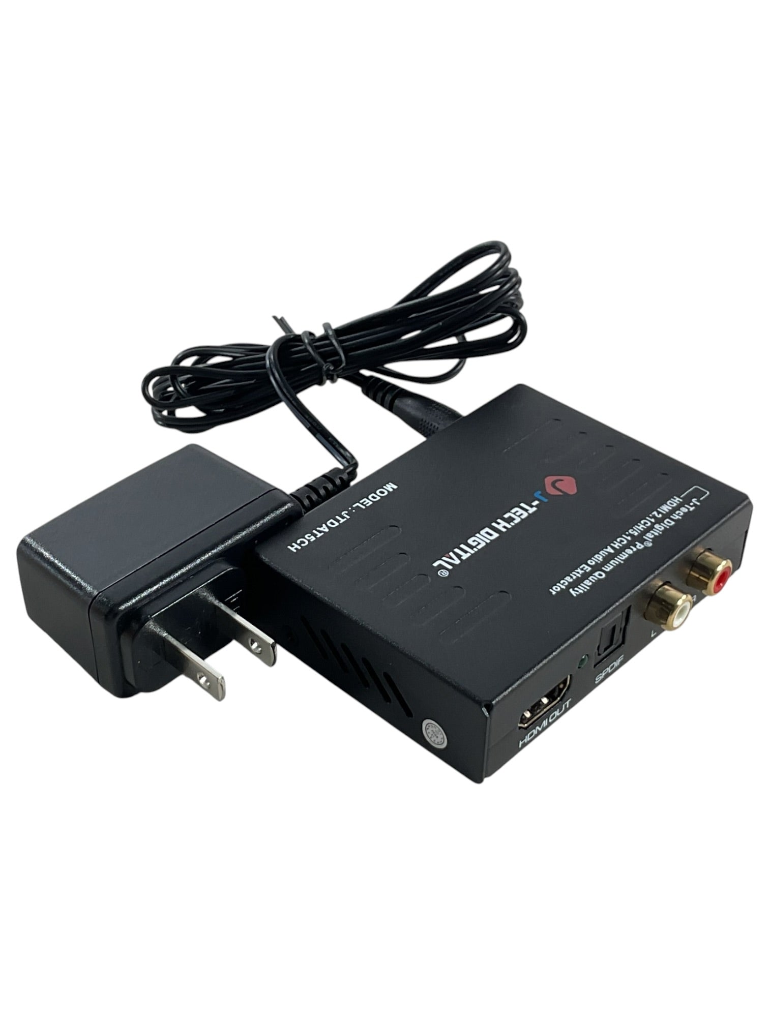 Extractor de audio HDMI J-Tech Digital, etiqueta trasera con serie y certificaciones
