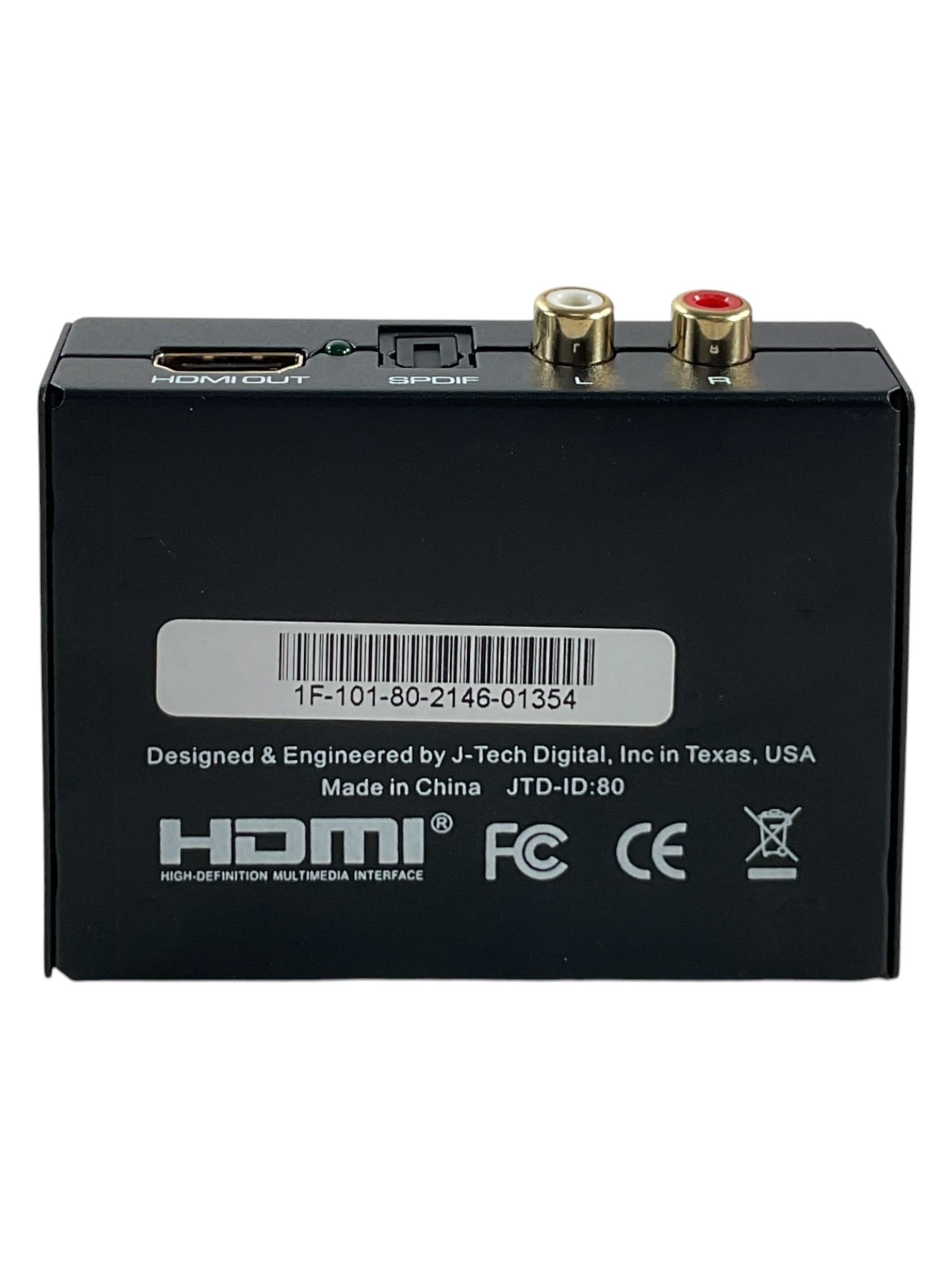 Extractor de audio HDMI J-Tech Digital con adaptador de corriente, vista lateral